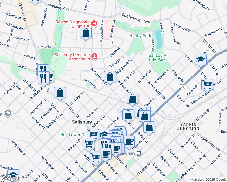 map of restaurants, bars, coffee shops, grocery stores, and more near West Cemetery Street in Salisbury