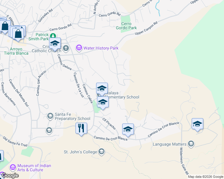 map of restaurants, bars, coffee shops, grocery stores, and more near 445 Apodaca Hill in Santa Fe