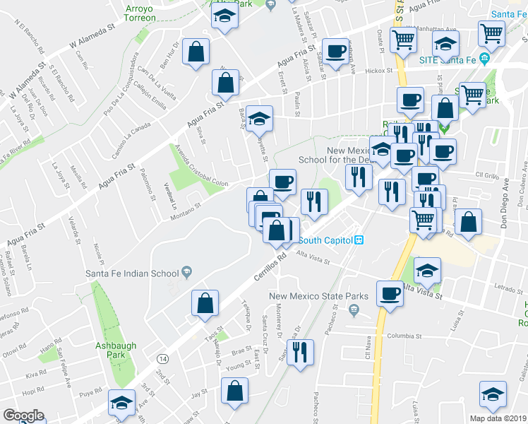 map of restaurants, bars, coffee shops, grocery stores, and more near 821 Baca Street in Santa Fe