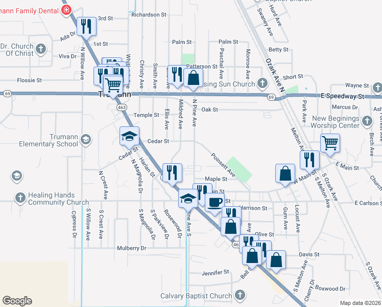 map of restaurants, bars, coffee shops, grocery stores, and more near 245 North Pine Avenue in Trumann
