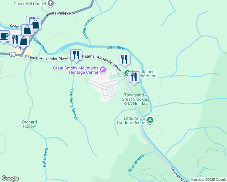 map of restaurants, bars, coffee shops, grocery stores, and more near 135 McCarter Road in Townsend