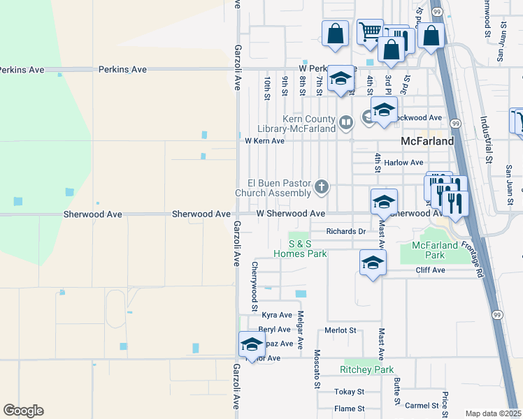 map of restaurants, bars, coffee shops, grocery stores, and more near 107 10th Street in McFarland