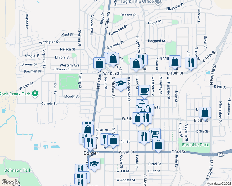 map of restaurants, bars, coffee shops, grocery stores, and more near 800 North McGee Street in Borger