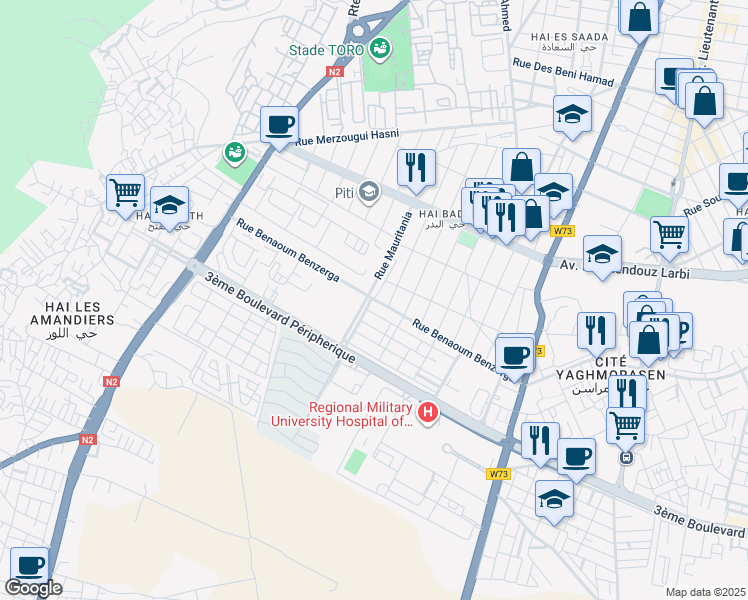 map of restaurants, bars, coffee shops, grocery stores, and more near Rue Benaoum Benzerga in Oran