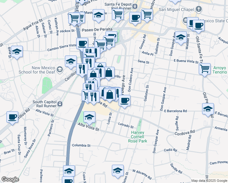 map of restaurants, bars, coffee shops, grocery stores, and more near 513 Camino De Los Marquez in Santa Fe