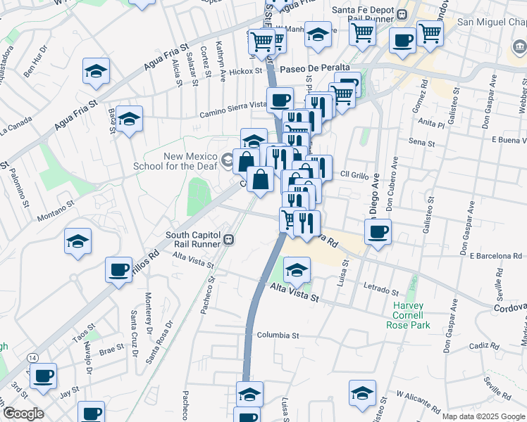 map of restaurants, bars, coffee shops, grocery stores, and more near 1029 West Cordova Road in Santa Fe