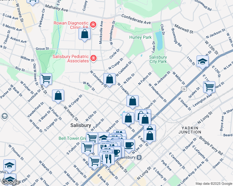 map of restaurants, bars, coffee shops, grocery stores, and more near 207 North Ellis Street in Salisbury