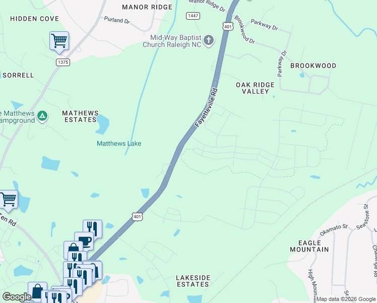 map of restaurants, bars, coffee shops, grocery stores, and more near 7025-7359 Fayetteville Road in Raleigh