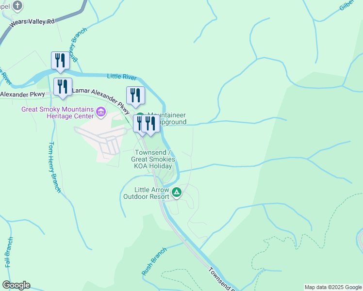 map of restaurants, bars, coffee shops, grocery stores, and more near 337 Stables Drive in Townsend