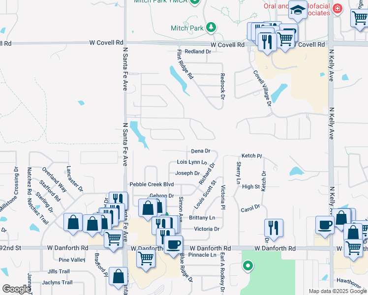 map of restaurants, bars, coffee shops, grocery stores, and more near 1901 Dena Drive in Edmond