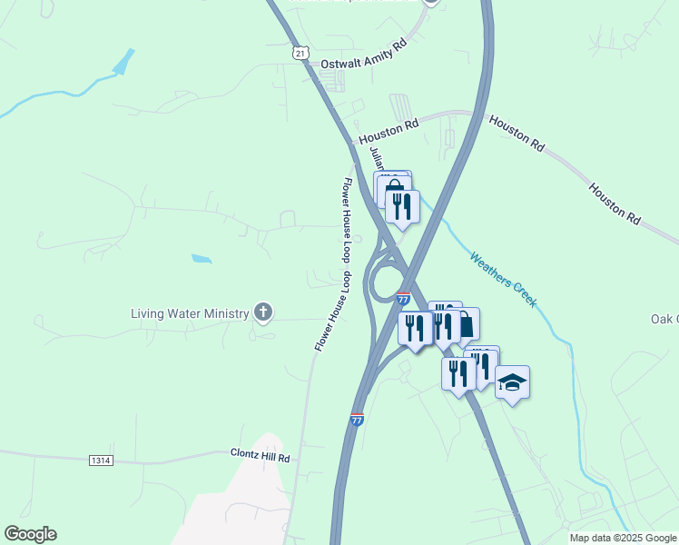 map of restaurants, bars, coffee shops, grocery stores, and more near 176 Flower House Loop in Troutman
