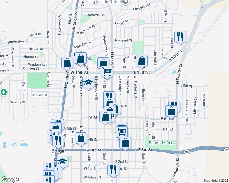 map of restaurants, bars, coffee shops, grocery stores, and more near 806 North Main Street in Borger