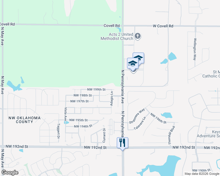 map of restaurants, bars, coffee shops, grocery stores, and more near 210 Northwest 199th Street in Edmond