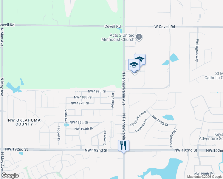 map of restaurants, bars, coffee shops, grocery stores, and more near 2205 Northwest 199th Street in Edmond