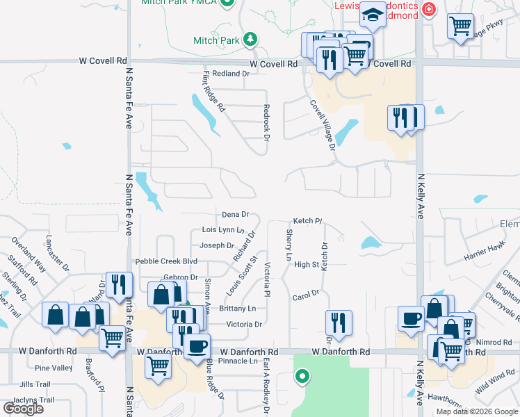 map of restaurants, bars, coffee shops, grocery stores, and more near 1701 Dena Drive in Edmond