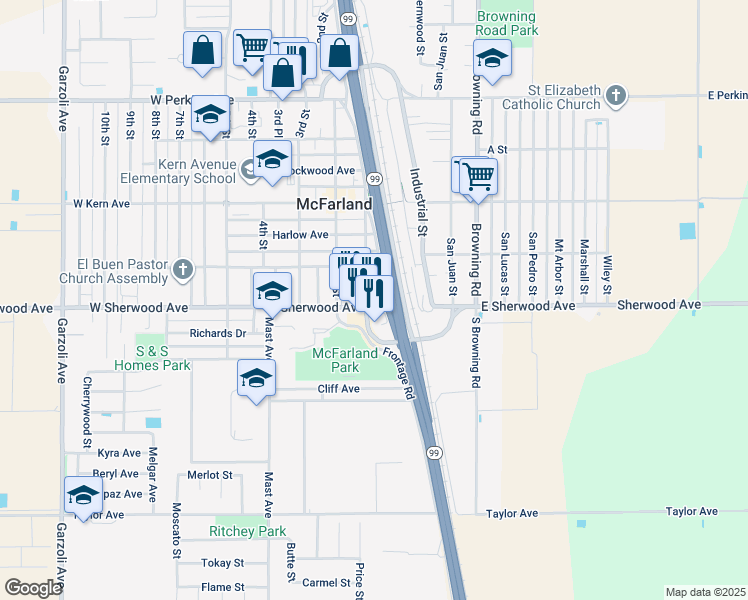 map of restaurants, bars, coffee shops, grocery stores, and more near 50 W Sherwood Ave in McFarland
