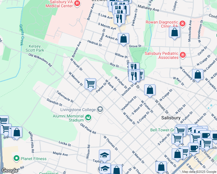 map of restaurants, bars, coffee shops, grocery stores, and more near 313 Partee Street in Salisbury