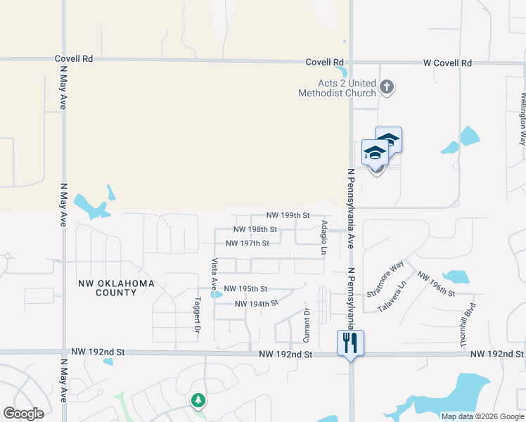 map of restaurants, bars, coffee shops, grocery stores, and more near 2365 Northwest 199th Street in Edmond