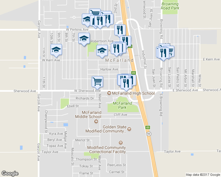 map of restaurants, bars, coffee shops, grocery stores, and more near 254 West Sherwood Avenue in McFarland