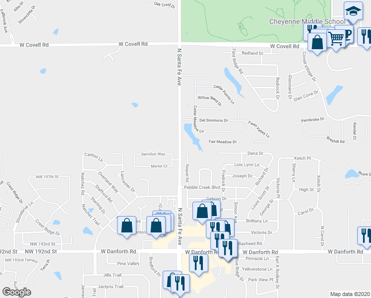 map of restaurants, bars, coffee shops, grocery stores, and more near 1917 Raquel Road in Edmond