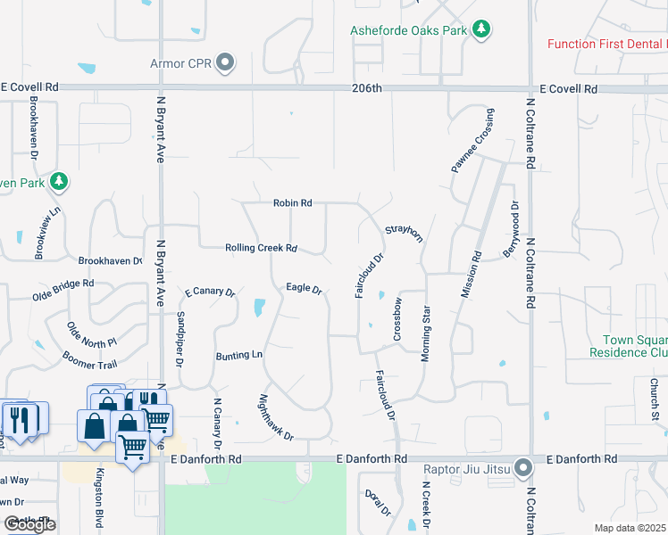 map of restaurants, bars, coffee shops, grocery stores, and more near 2102 Thrush Cir in Edmond
