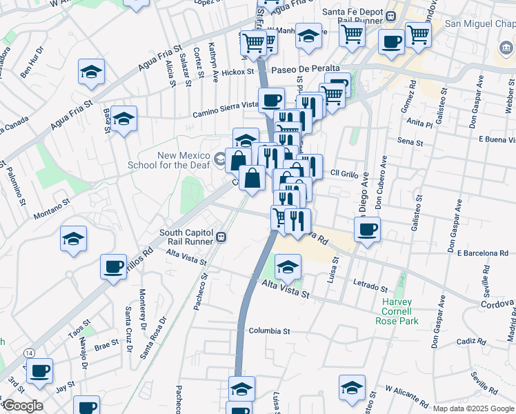 map of restaurants, bars, coffee shops, grocery stores, and more near 950 West Cordova Road in Santa Fe