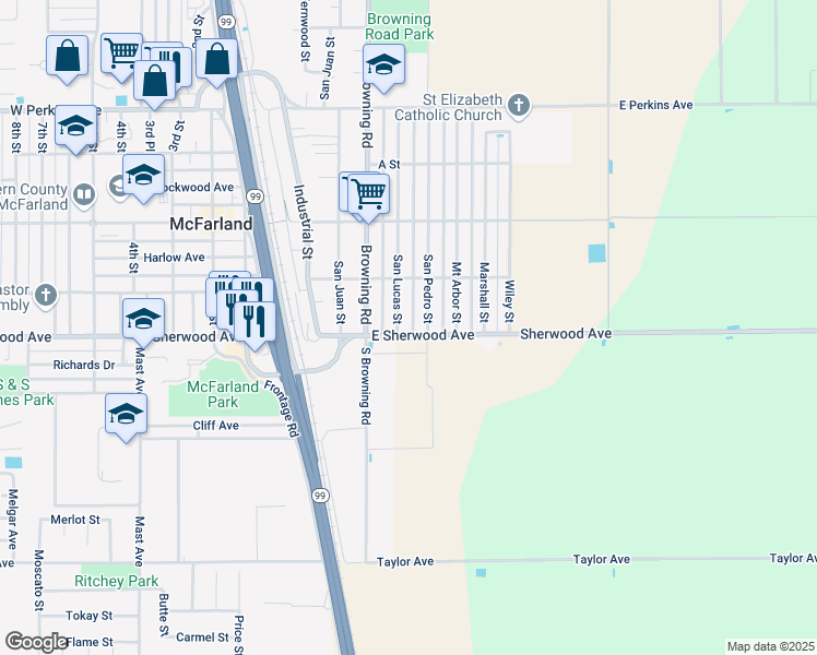 map of restaurants, bars, coffee shops, grocery stores, and more near 348 East Sherwood Avenue in McFarland