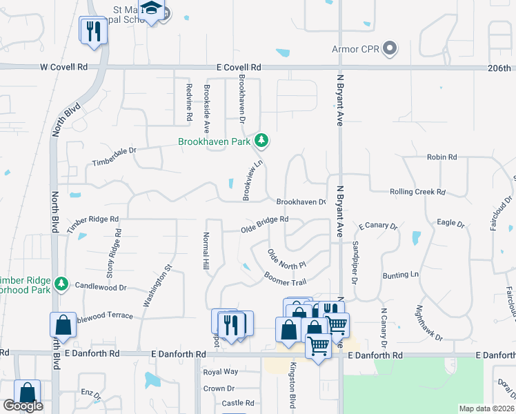 map of restaurants, bars, coffee shops, grocery stores, and more near 1018 Sunny Brook Drive in Edmond