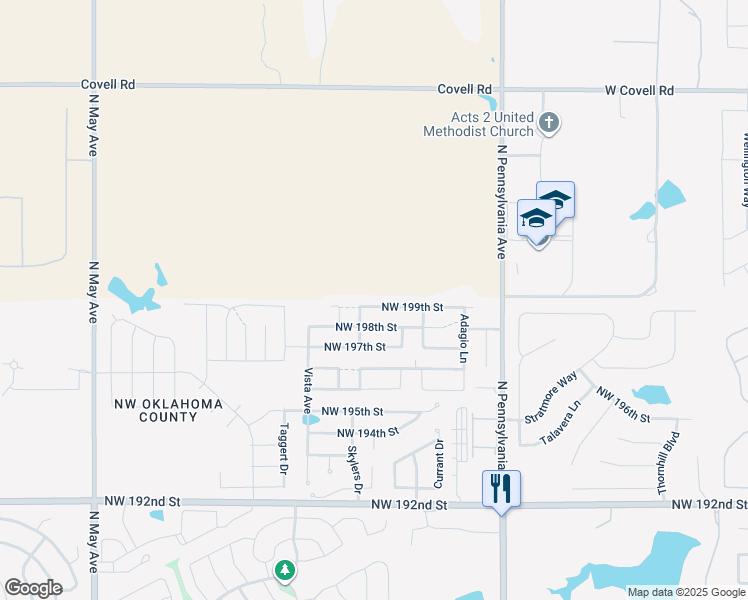 map of restaurants, bars, coffee shops, grocery stores, and more near 2365 Northwest 199th Street in Edmond