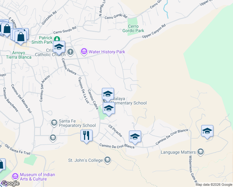map of restaurants, bars, coffee shops, grocery stores, and more near 445 Apodaca Hill in Santa Fe