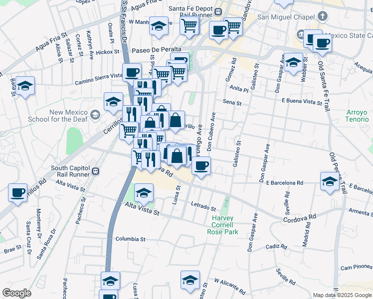 map of restaurants, bars, coffee shops, grocery stores, and more near 513 Camino De Los Marquez in Santa Fe