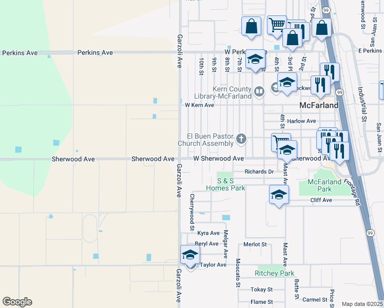 map of restaurants, bars, coffee shops, grocery stores, and more near 107 10th Street in McFarland