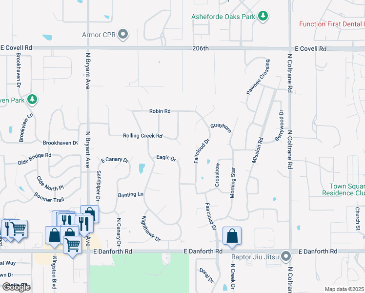 map of restaurants, bars, coffee shops, grocery stores, and more near 2102 Thrush Circle in Edmond