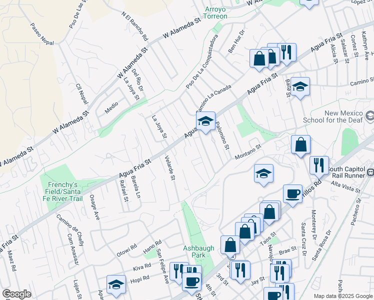 map of restaurants, bars, coffee shops, grocery stores, and more near 820 Osito Place in Santa Fe