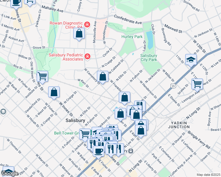 map of restaurants, bars, coffee shops, grocery stores, and more near 207 North Ellis Street in Salisbury