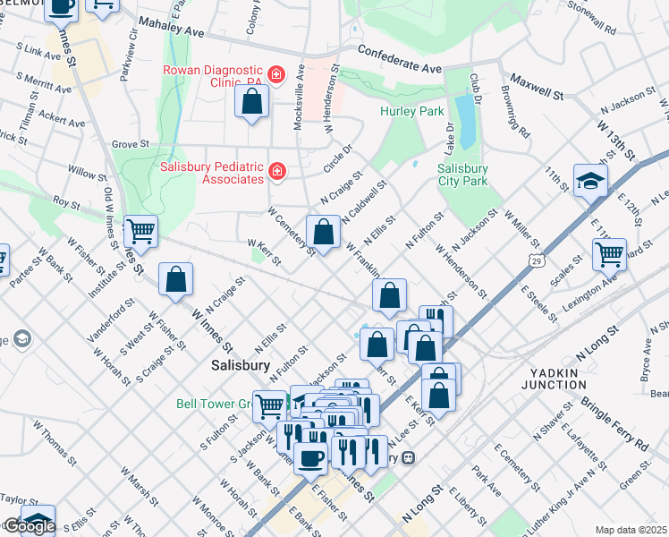 map of restaurants, bars, coffee shops, grocery stores, and more near 502 West Cemetery Street in Salisbury