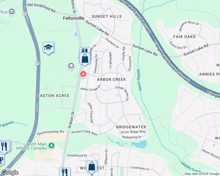 map of restaurants, bars, coffee shops, grocery stores, and more near 905 Creek Haven Drive in Holly Springs