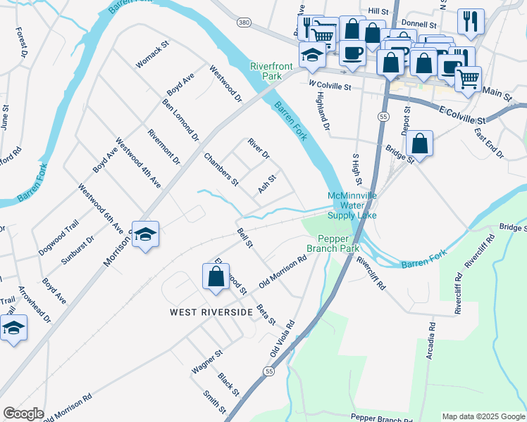 map of restaurants, bars, coffee shops, grocery stores, and more near 500 Bell Street in McMinnville