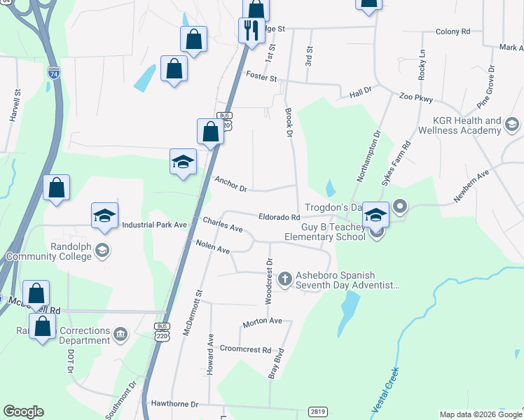map of restaurants, bars, coffee shops, grocery stores, and more near 274 Eldorado Road in Asheboro