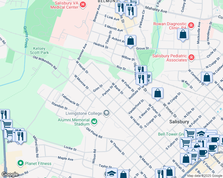 map of restaurants, bars, coffee shops, grocery stores, and more near 313 Partee Street in Salisbury