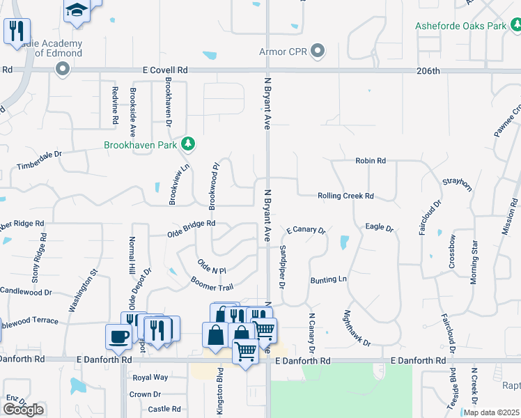 map of restaurants, bars, coffee shops, grocery stores, and more near 2000 Brookhaven Drive in Edmond