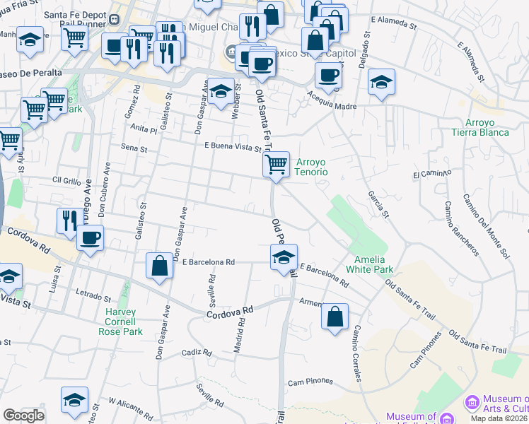map of restaurants, bars, coffee shops, grocery stores, and more near 425 East Coronado Road in Santa Fe