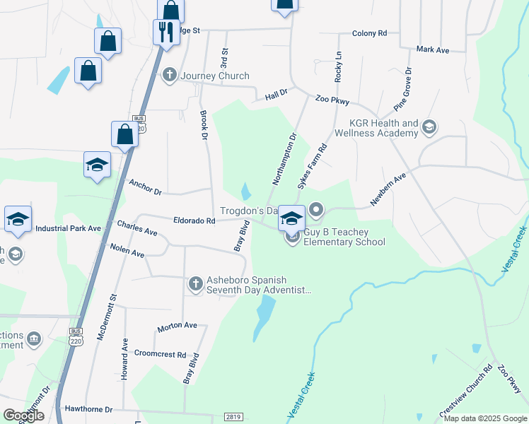 map of restaurants, bars, coffee shops, grocery stores, and more near Northampton Drive in Asheboro