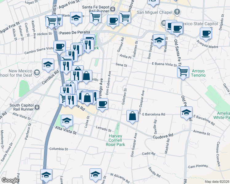 map of restaurants, bars, coffee shops, grocery stores, and more near 303 Lomita Street in Santa Fe
