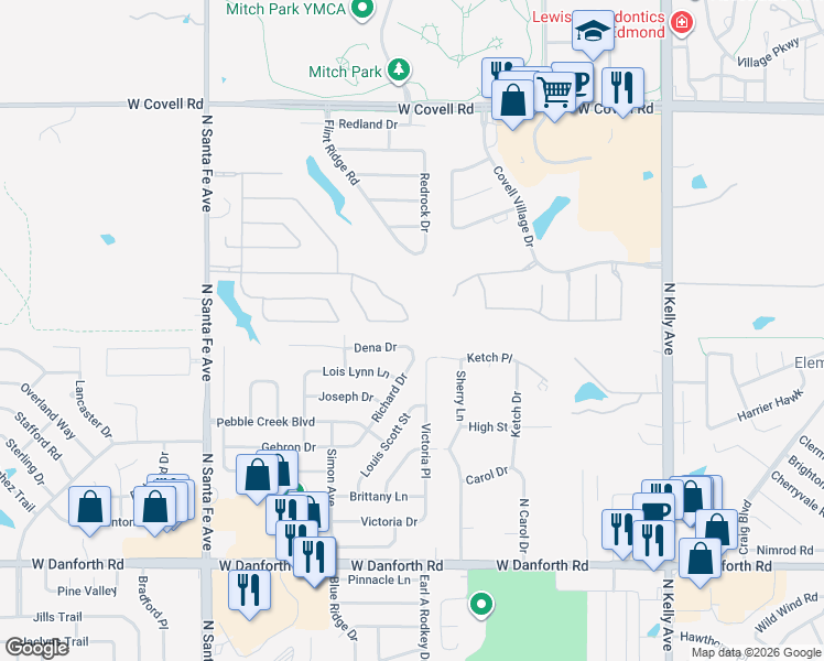 map of restaurants, bars, coffee shops, grocery stores, and more near 1701 Dena Drive in Edmond