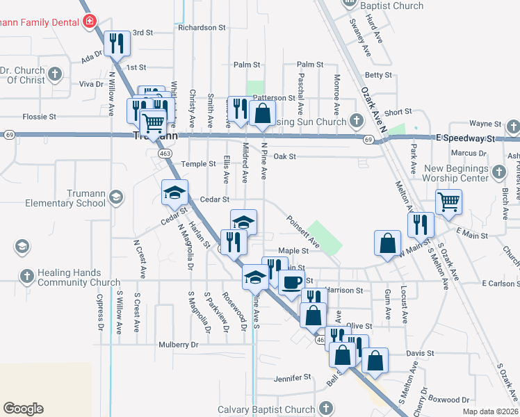 map of restaurants, bars, coffee shops, grocery stores, and more near 245 North Pine Avenue in Trumann