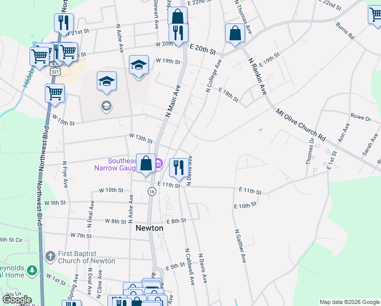 map of restaurants, bars, coffee shops, grocery stores, and more near 1219 North Davis Avenue in Newton