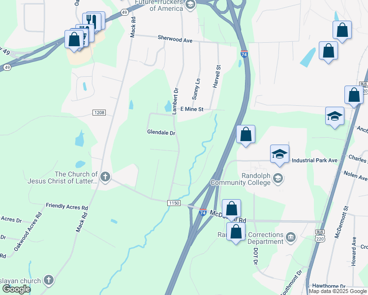 map of restaurants, bars, coffee shops, grocery stores, and more near 2301 Lambert Drive in Asheboro