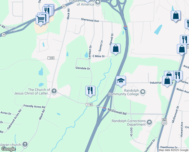 map of restaurants, bars, coffee shops, grocery stores, and more near 2301 Lambert Drive in Asheboro