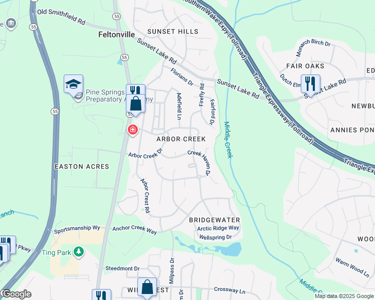 map of restaurants, bars, coffee shops, grocery stores, and more near 900 Creek Haven Drive in Holly Springs